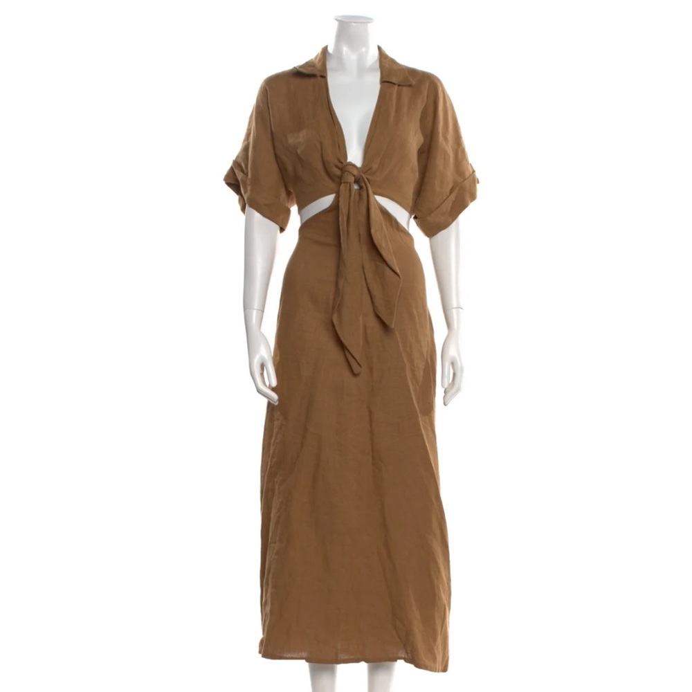 Just Bee Queen Brown Linen Maxi Dress Tie Front Open Back NWT XS